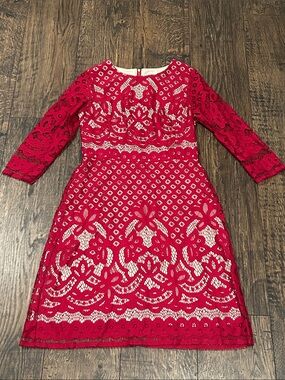Danny and Nicole Red Lace Nude Underlay Cocktail Dress